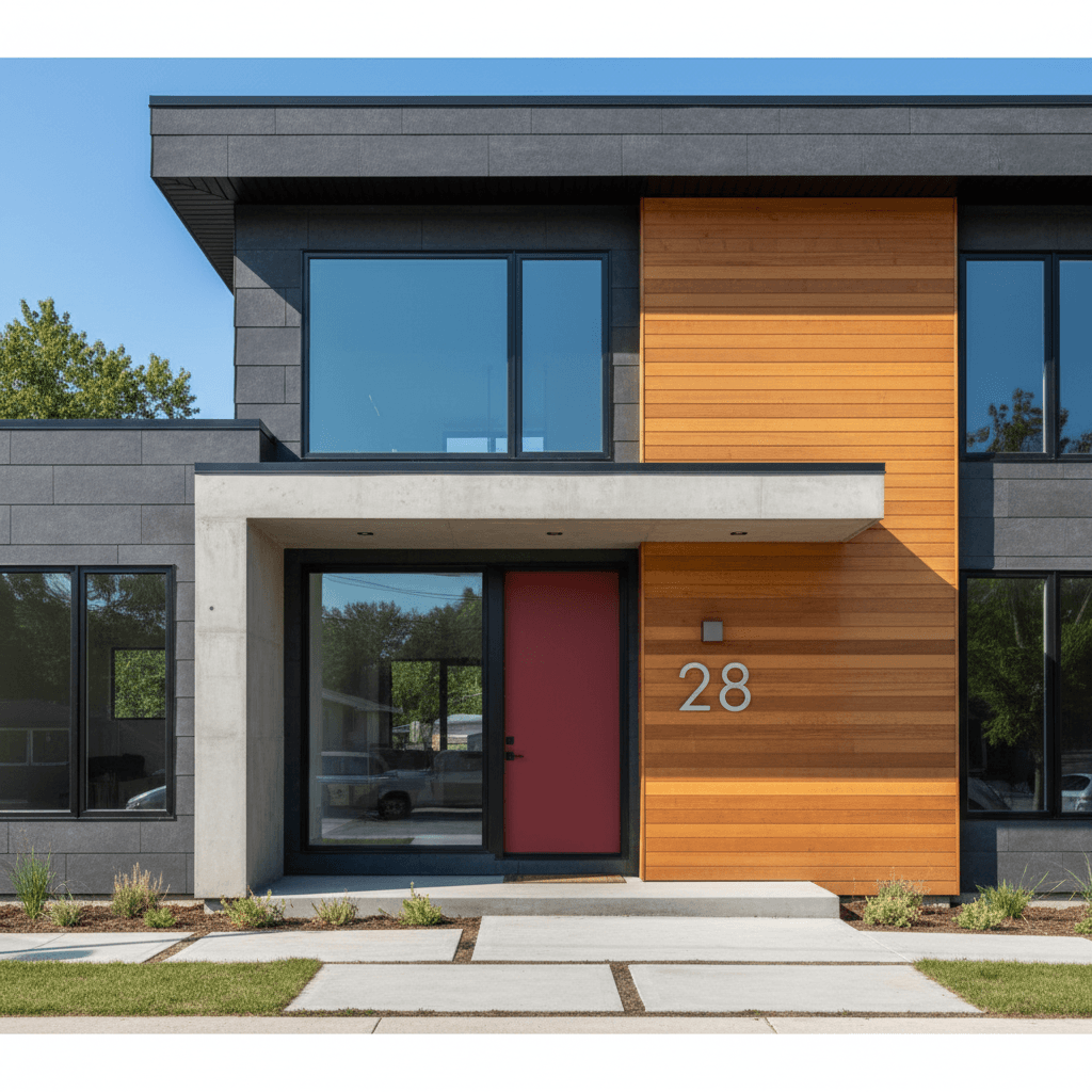 Façade de maison rénovée avec revêtement moderne et finitions professionnelles