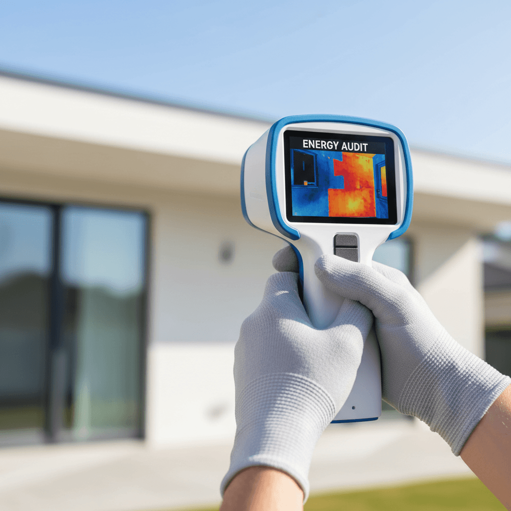 Technician's hands holding thermal imaging camera assessing residential home exterior wall during energy audit