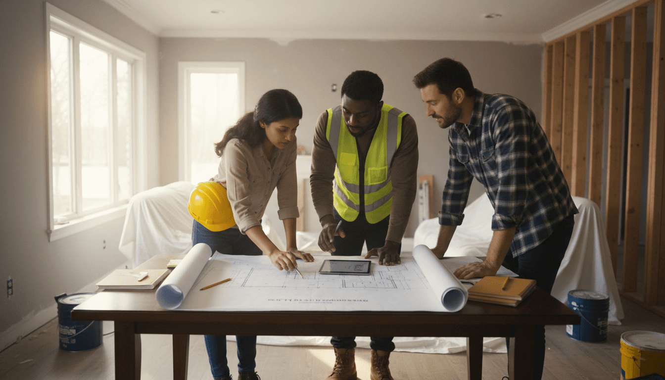 Diverse team of three contractors reviewing renovation blueprints and plans in residential living room
